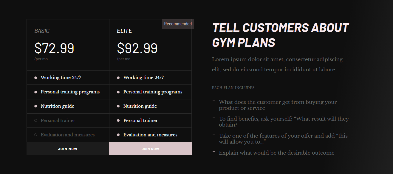 Pricing table example